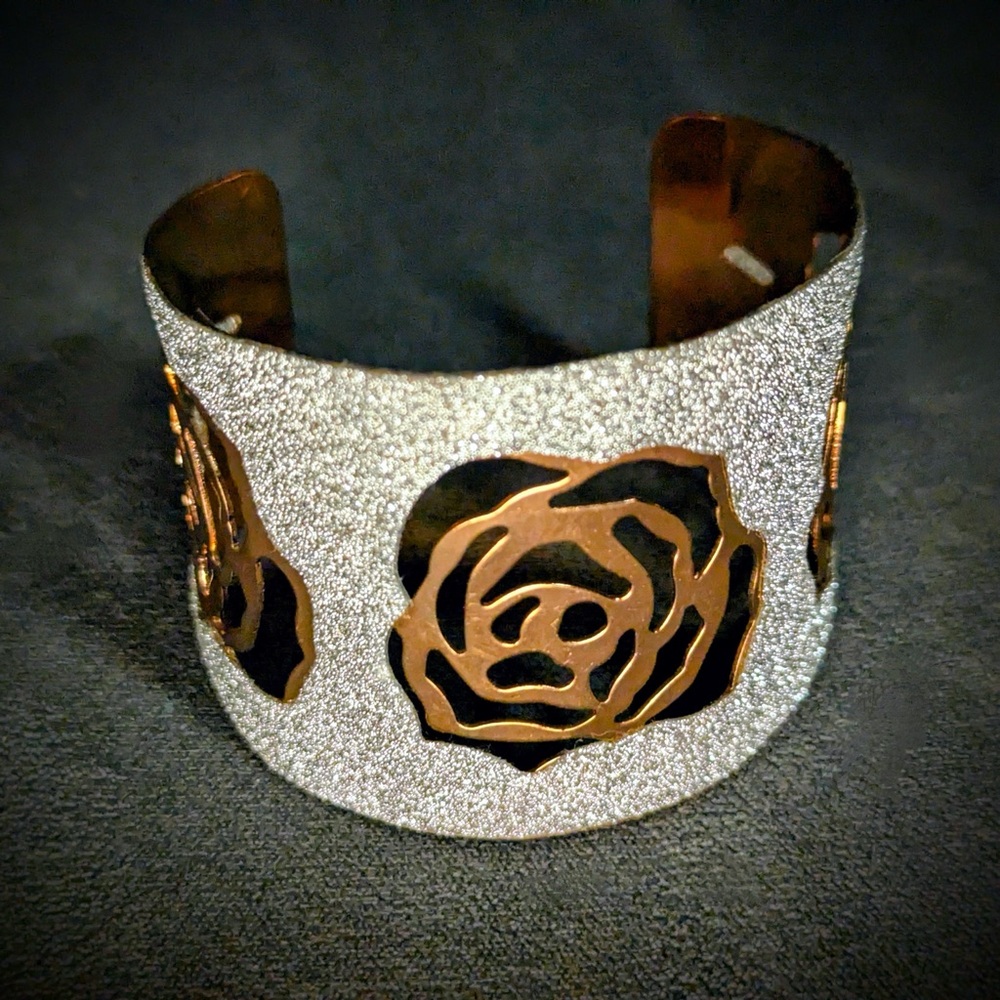 Bracelet! Elegant HANDCRAFTED Rose Gold w/ Silver cut out Rose Cuff Bracelet